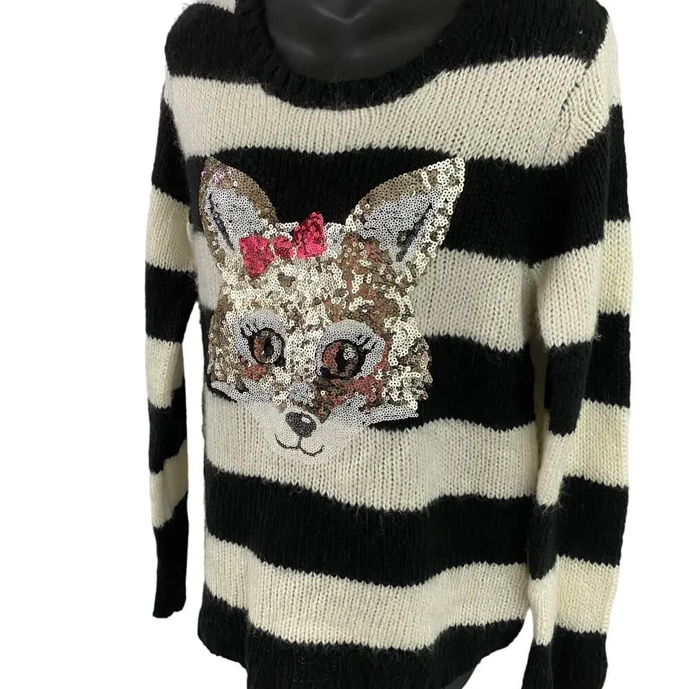 Justice Sequin Critter Fox Black White Striped Sweater Size 20
